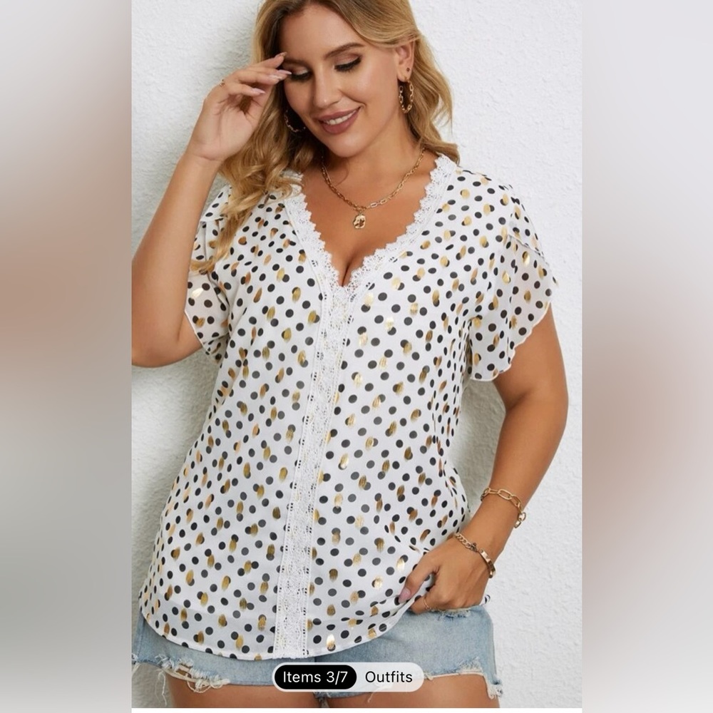 2xl white with black and gold polka dots and lace trim blouse